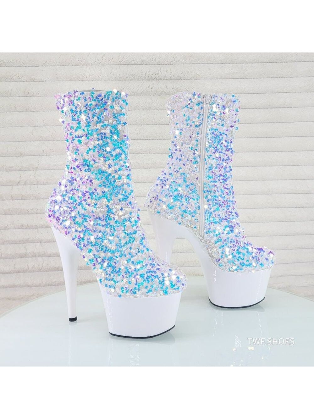 White Ice Multi Sequin Platform 7" Heels Ankle Boots Adore 1042 - Picture 4 of 8